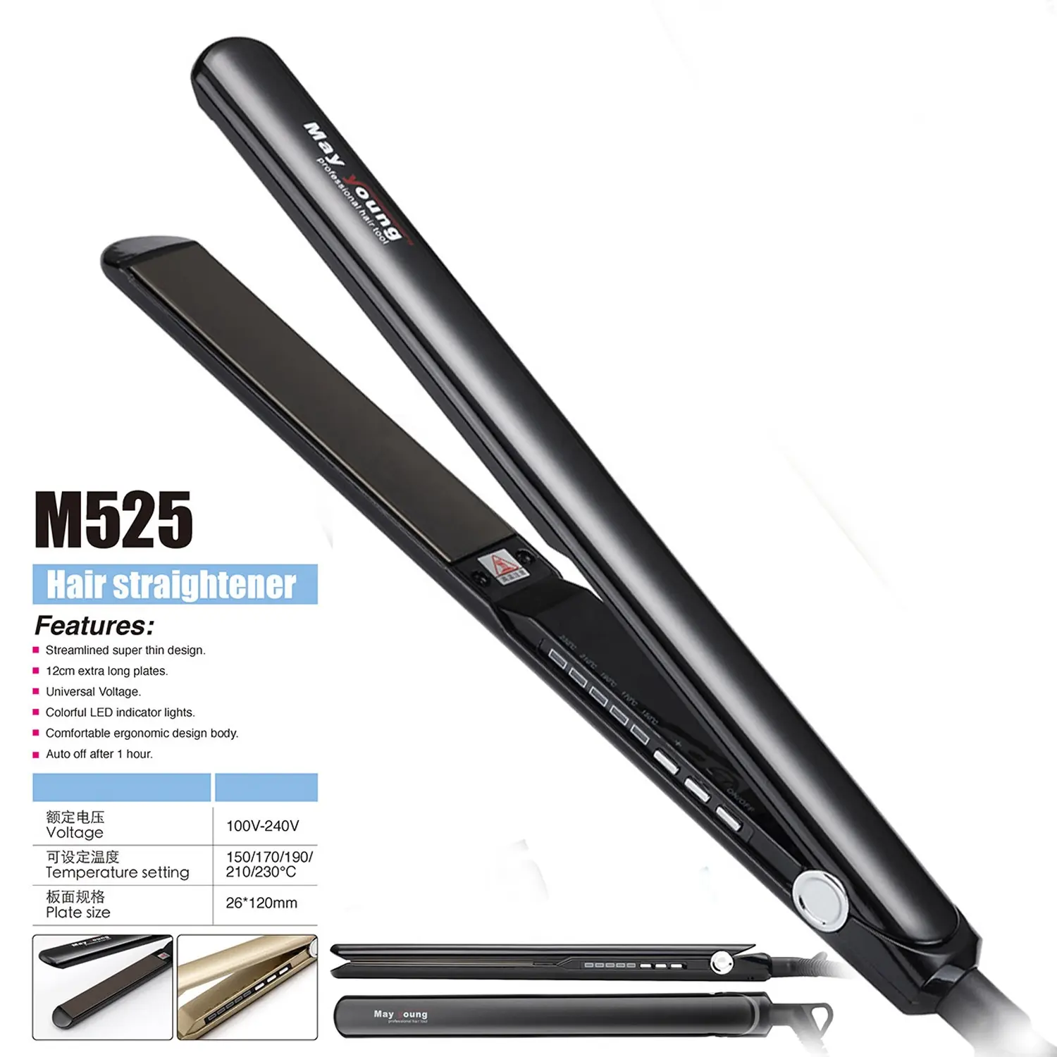 M525 12cm 엑스트라 롱 1 "플레이트 슈퍼 얇은 바디 LED 디스플레이 230 450 도 티타늄 플랫 아이언 헤어 스트레이트너