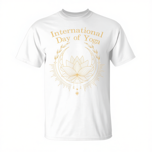 Camiseta del Día Internacional del Yoga con diseño de loto dorado blanco promocional - Product Image 2