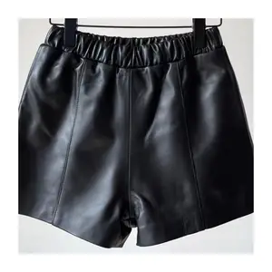 Summer Spring New Design Stylish Mid Waist Straight Style Slim Black Leather Shorts Women