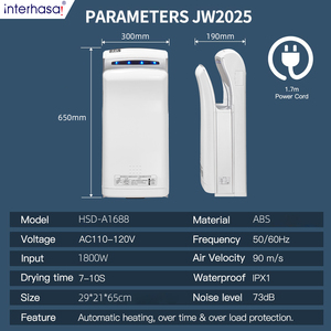 เครื่องเป่ามืออัตโนมัติแบบไร้สัมผัส Airblade Jet Air Blade สำหรับห้องน้ำ รุ่น HSD-A1688 Jet กำลังไฟ 1800 วัตต์ พร้อมเซ็นเซอร์ สำหรับใช้ในเชิงพาณิชย์ - Product Image 6
