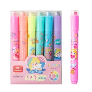 Custom Logo 6 Colors Art Highlighter Marker Pen Stamp Tip Gel Highlighter Pen Set For Student And Child Drawing