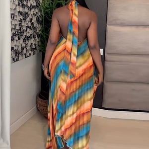Vestido Maxi Plisado con Cuello Halter y Estampado Tie-Dye para Mujer - Vestido Formal con Espalda Descubierta y Corte Asimétrico - Product Image 3