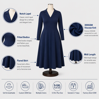 Robe midi élégante en viscose tricotée opaque 300 GSM, coupe évasée, col à revers, manches longues, pour femme, grandes tailles, hiver, personnalisable avec logo OEM