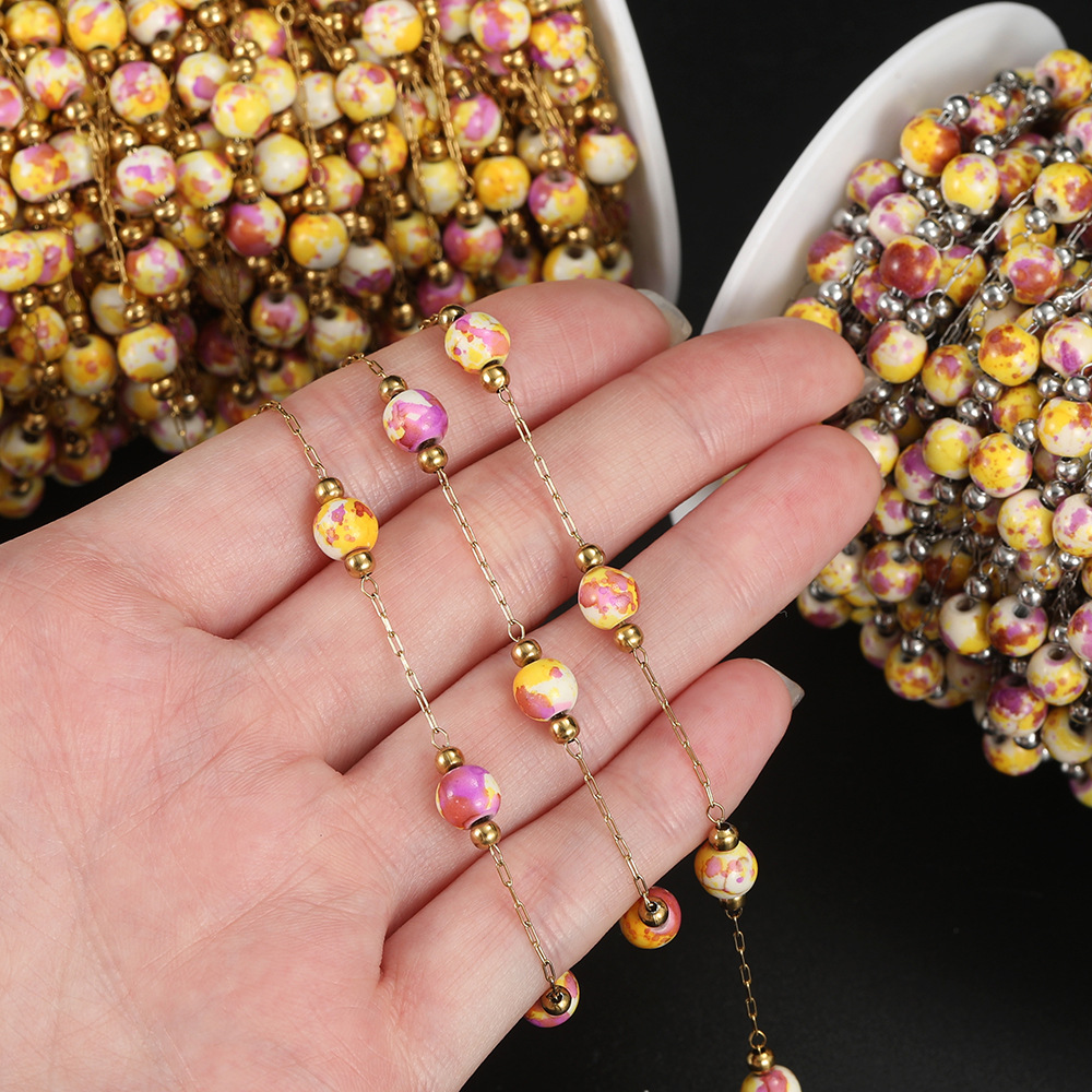 6mm Porcelain Beads Chain Vacuum Color-preserving Plating Stainless Steel Chain for Jewelry Making Findings