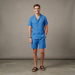Conjunto de Camisa y Pantalones Cortos de Lino Azul Vintage para Hombre, Transpirable, Informal, para Verano - Product Image 1