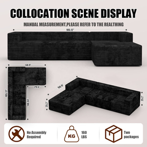 Dark Grey Wide Striped Corduroy Vacuum Compressed L-Shaped Modular Sectional <b>Sofa</b> With Chaise Lounge - Product Image 3