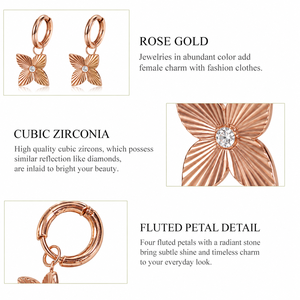 Boucles d'oreilles créoles en or rose avec zircone cubique, boucles d'oreilles pendantes à quatre pétales cannelés pour femmes - Product Image 3