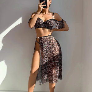 Lencería con estampado de leopardo para mujer, camisón babydoll, sujetador y tanga, conjunto de 3 piezas, camisón transparente blanco con abertura lateral de malla - Product Image 3