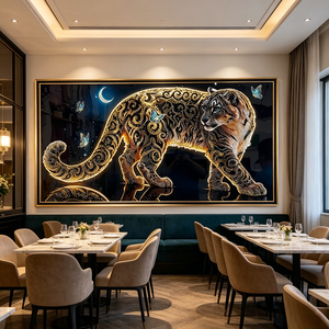 Factory Sales Arabian Style Golden Scrollwork Leopard Wall Art LED Wall Decor Islamic Home Hotel Crystal Porcelain Painting - Product Image 1