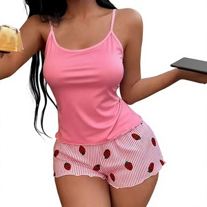 Women 2-Piece Robe Set Pink Sleeveless Tank Top Solid Shorts Knitted Cotton Breathable Sexy V-neck Elastic Waist Summer Casual - Product Image 3