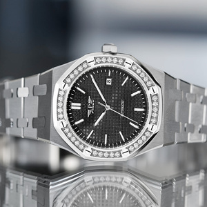 Montre mécanique automatique pour homme PINDU, style sport décontracté, boîtier octogonal, lunette sertie de diamants, calendrier, bracelet en acier inoxydable - Product Image 4