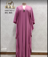 Abaya Wanita Bergaya Retro Manis dengan Saku, Ruffle, Motif Leopard, Warna Solid, Lengan Bubble, Bahan Bernapas, Gaya Kasual