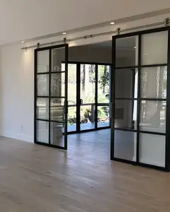 Puertas de Granero corredizas de vidrio con marco de acero de aluminio para interiores de estilo americano para casa