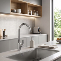Robinet de cuisine d'hôtel moderne haut de gamme en laiton chromé, corps épais, à arc élevé, monotrou, à poser sur comptoir, avec mitigeur eau chaude/froide