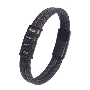 One Man Double Layer <b>Leather</b> <b>Bracelet</b> Black Titanium Steel Magnetic Clasp Men's Stylish Commute Jewelry - Product Image 3