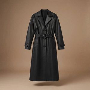 Manteau long en cuir noir avec ceinture et fermeture boutonnée, vente en gros - Product Image 3