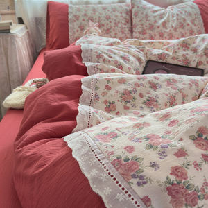 Design floral dentelle creuse douce 4 pièces housse de <span class=keywords><strong>couette</strong></span> ensemble <span class=keywords><strong>nuage</strong></span> sentiment Double couche fil lavé microfibre drap de lit ensemble de literie - Product Image 3