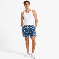 Shorts en tissu tissé élastique taille mi-haute, anti-plis, brodés, style urbain, patchwork bleu-rouge chaud, en tissu peigné