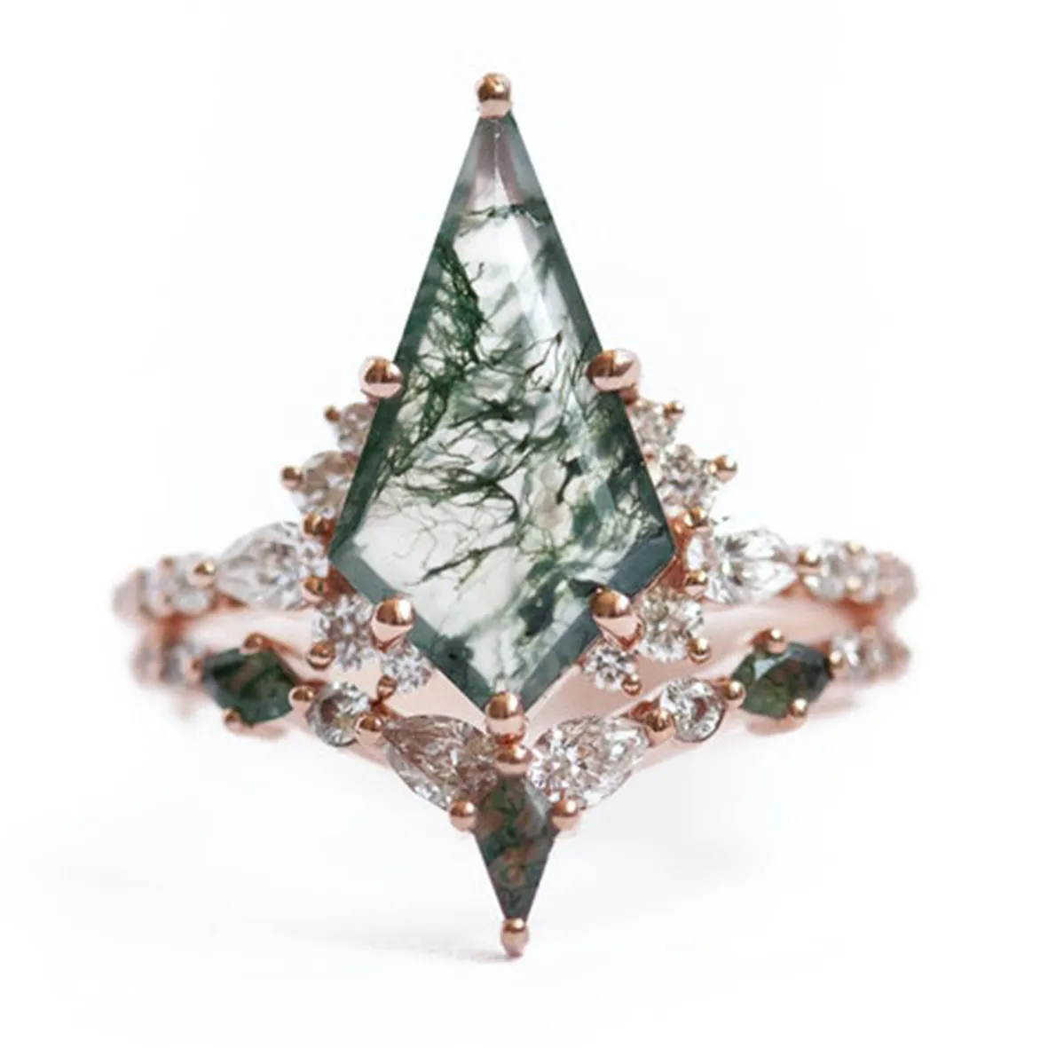 Vintage S925 14K Rose Gold Plated White CZ Jewelry Green Moss Agate Stone Jewelry Top Quality Design Factory Ring