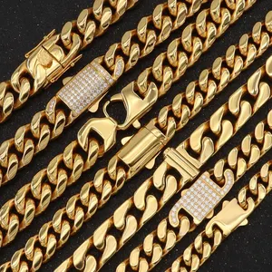 Fabricante de acero inoxidable recién llegado CZ Miami collar de cadena cubana gruesa Miami Hip hop 18K cadena de eslabones cubanos de oro