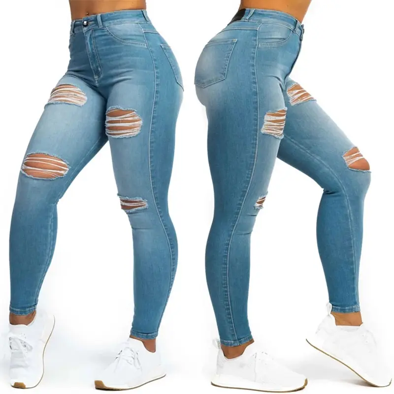 سروال جينز نسائي ضيق بمقاسات كبيرة, سروال جينز نسائي ضيق بمقاسات كبيرة تصميم ممزق لرفع المؤخرة ، سروال جينز ضيق مرتفع الخصر للسيدات