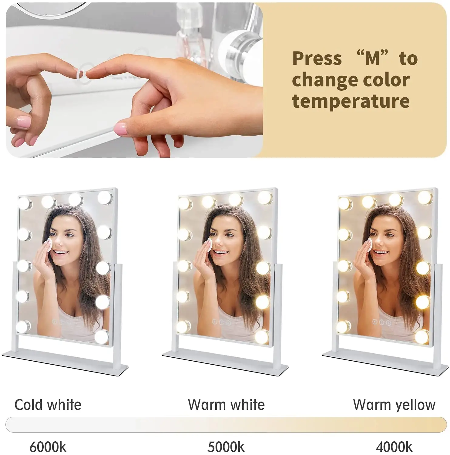 Hollywood Makeup Mirror with Lights 3 Color Lighting Modes Detachable 10X Magnification Mirror Touch Control 14.6Inches