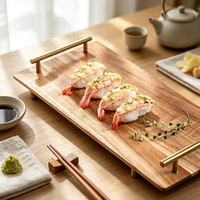 Plateau rectangulaire en bois avec poignées métalliques, plateau alimentaire en bois pour cuisine, restaurant, sushi, en-cas