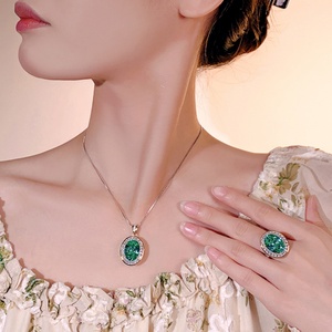 Vintage Eco-friendly Copper Imitation Jewelry Emerald Necklace Set 12*16mm Paraiba Green Cubic Zirconia Pendant <b>Earrings</b> Set - Product Image 6