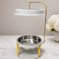 Chauffe-Plat Rond Suspendu Blanc 8L 10L en Acier Inoxydable avec Couvercle en Verre pour Buffet de Traiteur, Hôtels et Mariages