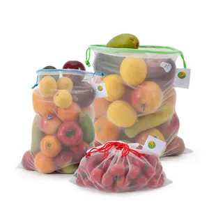 100% RPET Eco amigable lavable de almacenamiento de alimentos vegetales de compras de comestibles cordón neto de malla reutilizable RPET bolsa