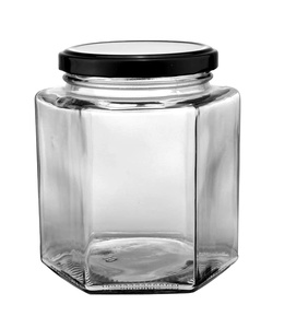 Supplier Wholesale 16oz Hexagon Glass Bottle with Black Metal Cap Honey Jam Jar