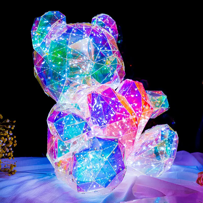 2024 regalo del Día de San Valentín 40CM lámpara de mesa de luz LED oso de peluche Decoración de cumpleaños película holográfica Pvc oso colorido