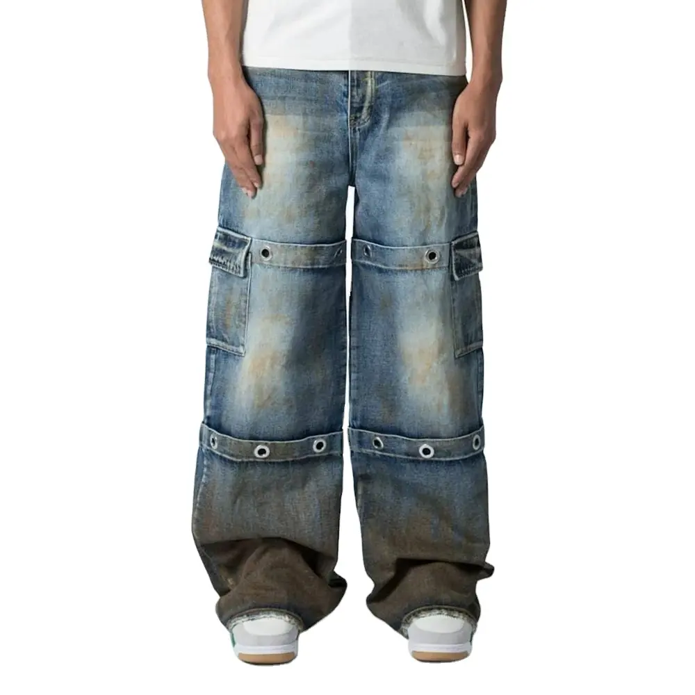 Mens personalizado lavar Baggy Ring Denim Jeans com ferrugem ao longo do ilhó de metal Detalhes nas pernas Oversized Cargo Pockets Streetwear