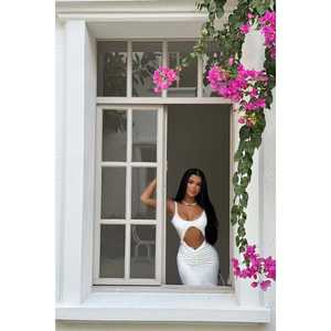 Vestido de Noche Blanco con Detalle de Ventana y Cintura Imperio, Talla XL, Estampado - Product Image 3