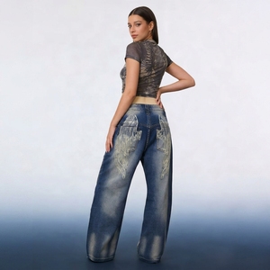 Pantalones vaqueros <span class=keywords><strong>de</strong></span> mezclilla <span class=keywords><strong>de</strong></span> mujer al por mayor, casuales, lavados, desgastados, con estampado <span class=keywords><strong>de</strong></span> alas degradado, remachados, vintage, <span class=keywords><strong>de</strong></span> cintura alta, holgados y <span class=keywords><strong>de</strong></span> pierna <span class=keywords><strong>ancha</strong></span> - Product Image 3
