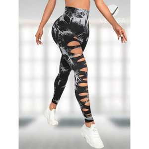 Leggings Deportivos de Punto Elástico Gris Oscuro con Diseño de Abertura Escalonada, Cintura Ancha, Pantalones de Yoga para Mujer de Tiedie - Product Image 3