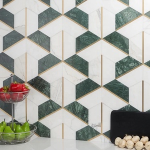 Polished White Carrara and Verde Affai Marble and Brass <strong>Mosaic</strong> Kitchen Backsplash Thassos White with Mother of Pearl <strong>Mosaic</strong> - Product Image 1