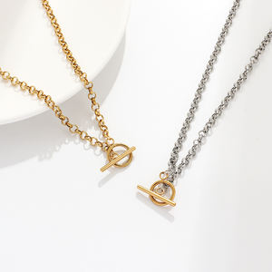 Elegante collar de eslabones gruesos de 2 tonos de acero inoxidable con cierre OT para mujeres y hombres, piedras de forma geométrica para ocasiones de aniversario - Product Image 2