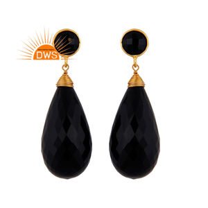 Briolette Cut <b>Black</b> Onyx Gemstone <b>Earrings</b> Indian 18k <b>Gold</b> Plated 925 Silver Dangle <b>Earrings</b> Manufacturer Suppliers - Product Image 1