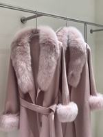 Manteau chic pour femme avec col en fourrure de renard, long, ceinturé, avec poignets en fourrure de renard, chaud, en laine double face pour l'hiver