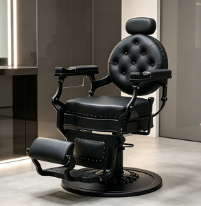 Poltrona da Barbiere Vintage Nera Opaca con Bottoni Trapuntati e Rivetti, Reclinabile Idraulica, Girevole e Robusta - Product Image 3