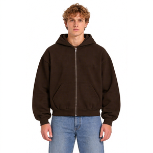Sudadera con capucha y cremallera para hombre, color marrón, informal, de forro polar, color liso, corte regular, para otoño, 100% algodón, 350 g, antiencogimiento - Product Image 1