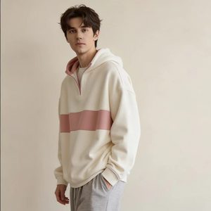 Nuova Collezione Autunnale: <span class=keywords><strong>Felpa</strong></span> <span class=keywords><strong>con</strong></span> Cappuccio e Mezza Zip <span class=keywords><strong>Bianca</strong></span> e <span class=keywords><strong>Rosa</strong></span> per Uomo - Pullover Ampio <span class=keywords><strong>con</strong></span> Stampa Ricamata a Contrasto - Product Image 3
