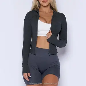 Active Wear Ribbed Zipper Hoodie Lightweight Long Sleeves Zip Up Slim Fit Quick Dry Running Crop Fitness Women Sport Yoga Jacket