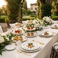 Assiette en Porcelaine Fine Bord Doré Motif Floral Vert Vaisselle Élégante pour Restaurant Hôtel Mariage Traiteur Vente en Gros