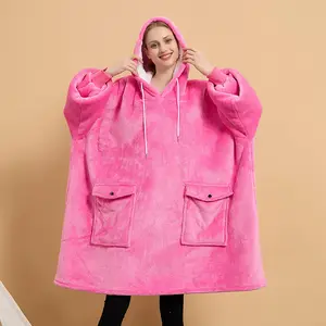 Oversize Hoodie Sherpa Fleece Wearable Blanket Super Warm And Cozy Giant Blanket Thick Flannel TV Blanket With Sleeves Pocket