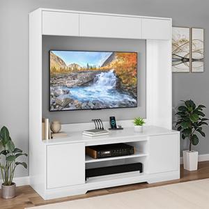 Meuble TV mural moderne en bois blanc de grande taille avec rangement pour salon - Product Image 1