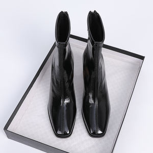 Chaussures personnalisées Nouveautés Mode Fermeture éclair Bottes courtes en cuir noir pour femmes Talon épais Bottes pour femmes Bottes d'hiver à la cheville pour femmes - Product Image 1