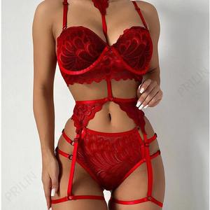 Groothandel Plus Size Sexy Transparante Kant Ondergoed BH Set met Uitgeholde Halve Slips Dunne 2-delige Erotische Lingerie - Product Image 3