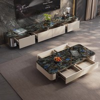 Table basse multifonctionnelle en marbre naturel et meuble TV combiné, style italien, luxe léger, minimaliste, avec cadre en bois, pour salon et maison